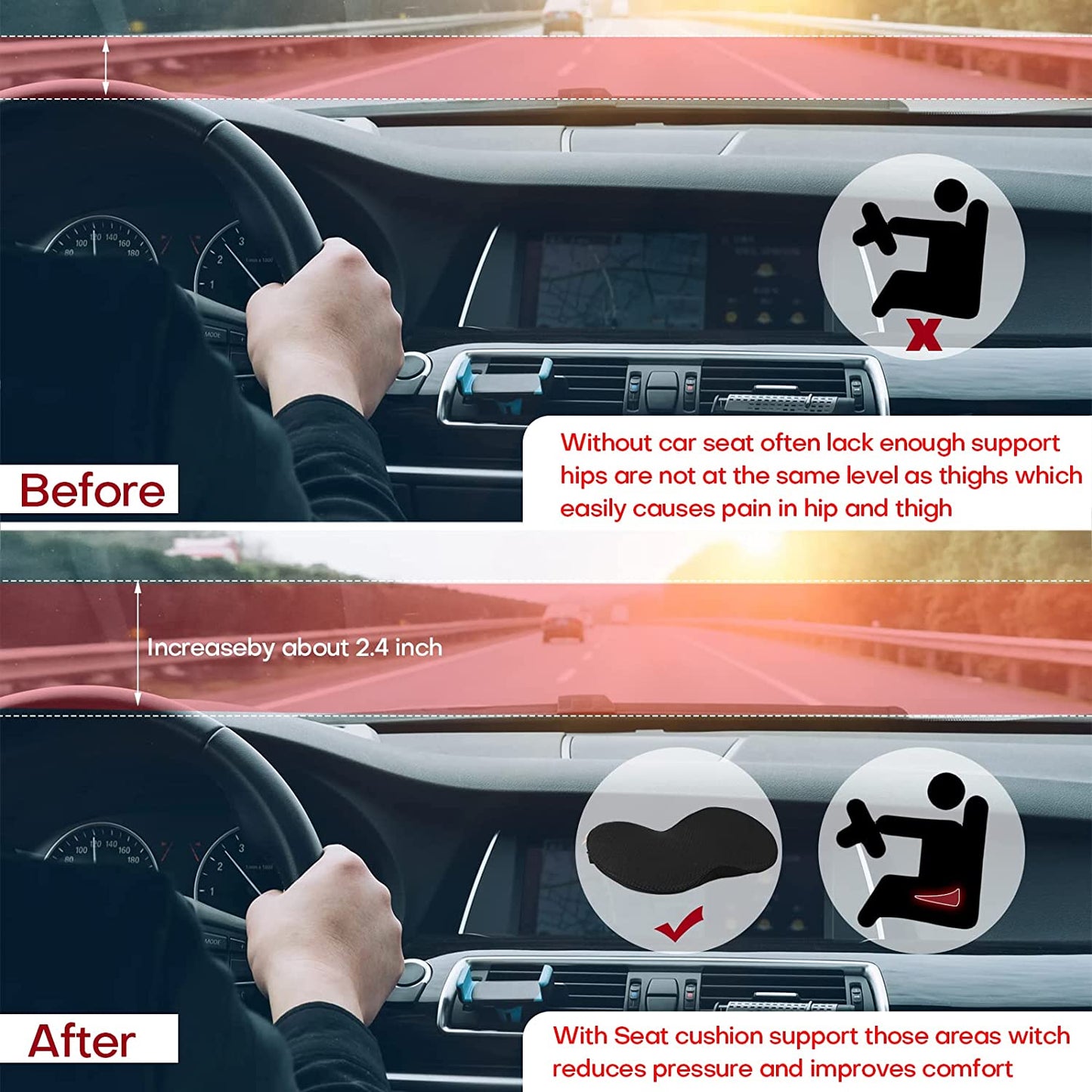 Car Seat Cushion For Shorter Drivers With Adjustable Height And Lumbar Support