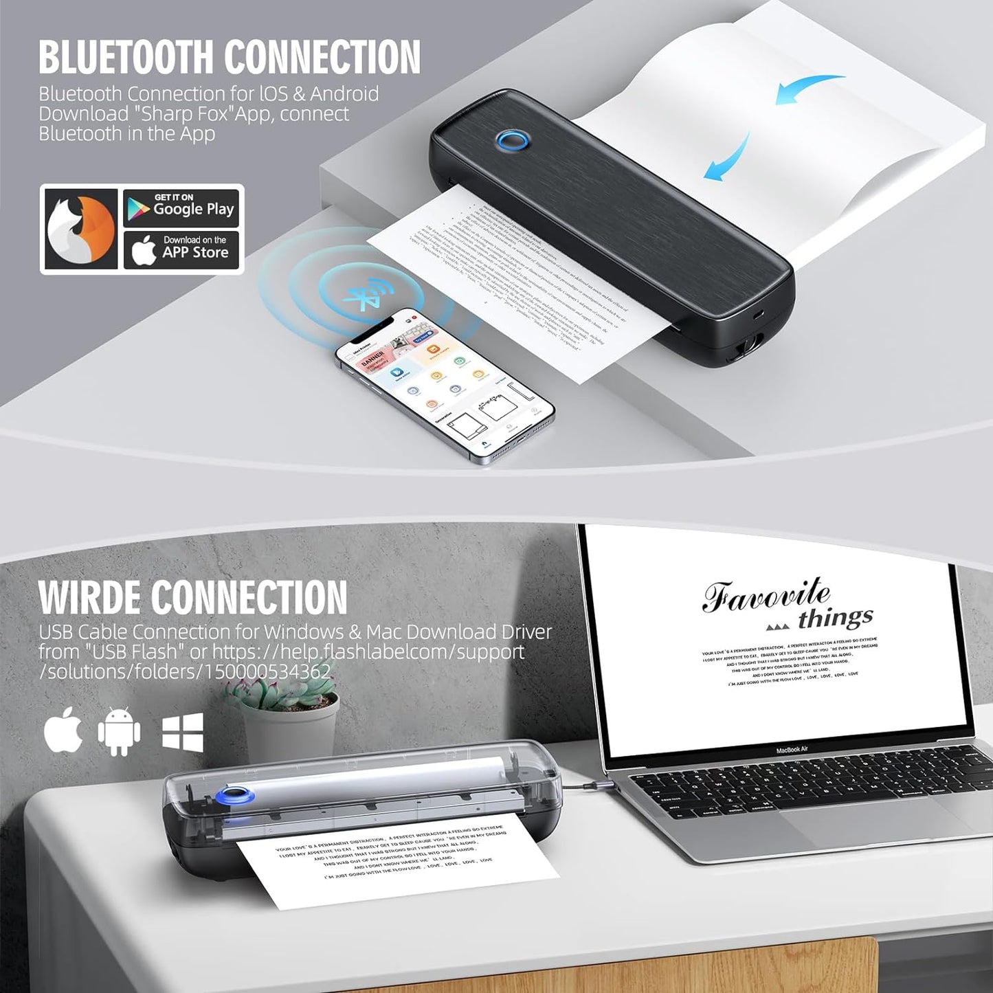 Thermal Printer Wireless Portable Inkless Compact Bluetooth Mobile Receipt Label Device