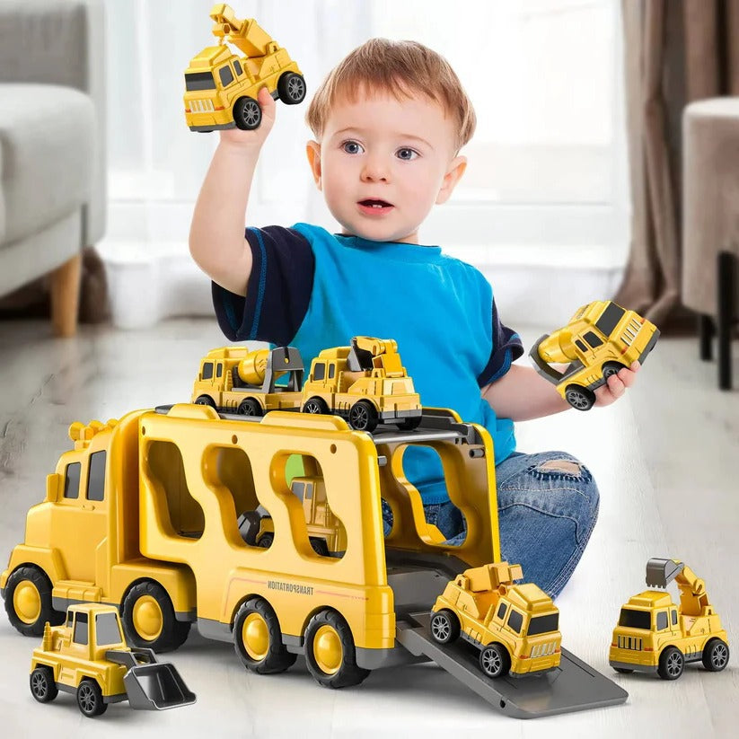 Construction Truck Toy Set With Carrier And Ramp, 5 Pieces