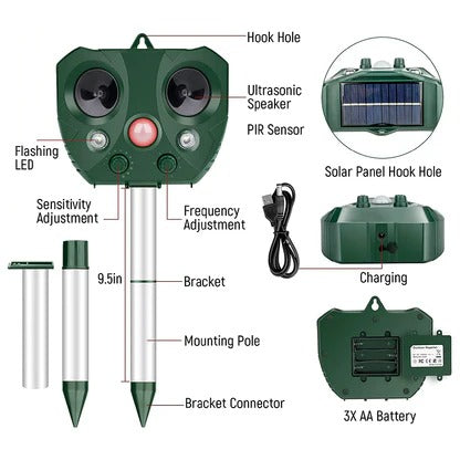 Ultrasonic Bird Repeller Solar-Powered For Outdoor Bird Control And Protection