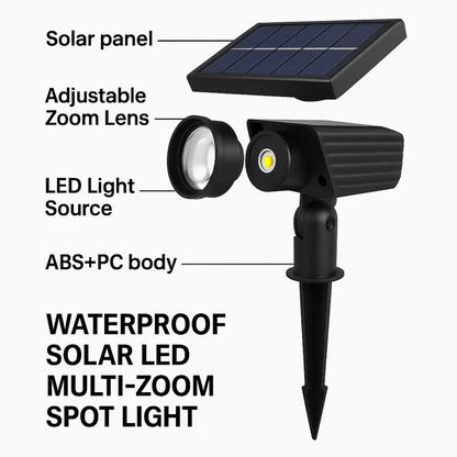 Solar LED Spotlight With Adjustable Multi-Zoom Focus For Outdoor Use