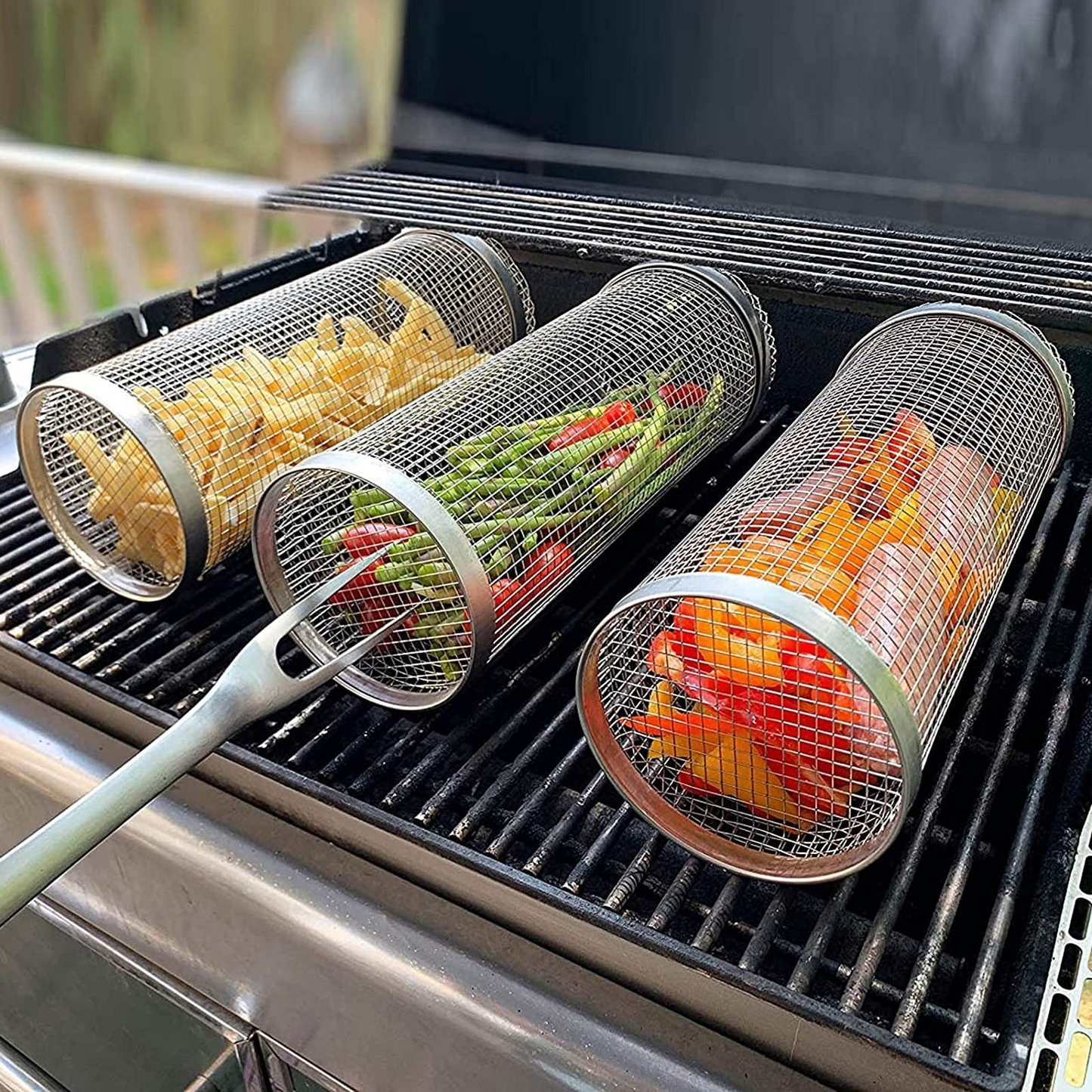 Grill Basket Stainless Steel Rolling BBQ Rotating For Vegetables Fish