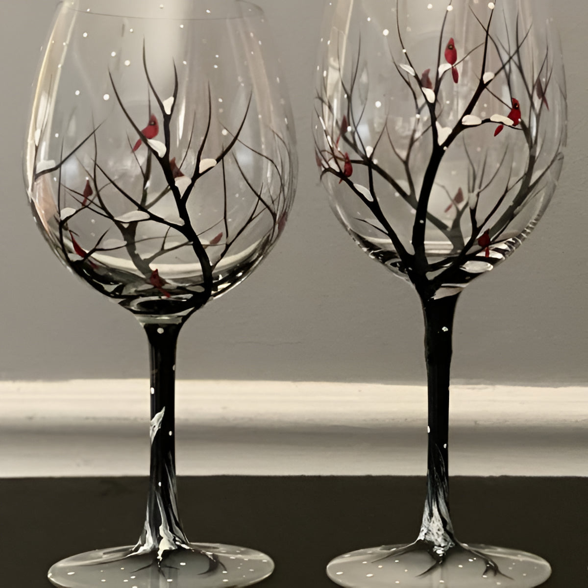 Wine Glasses Set Four Seasons Tree Hand Painted Art Glassware