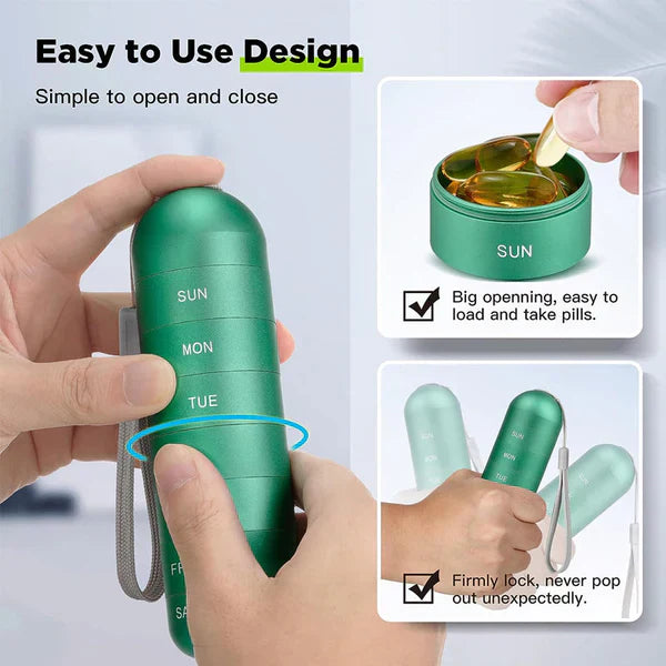 Pill Organizer 7-Day Aluminum Portable Travel Pill Box Container