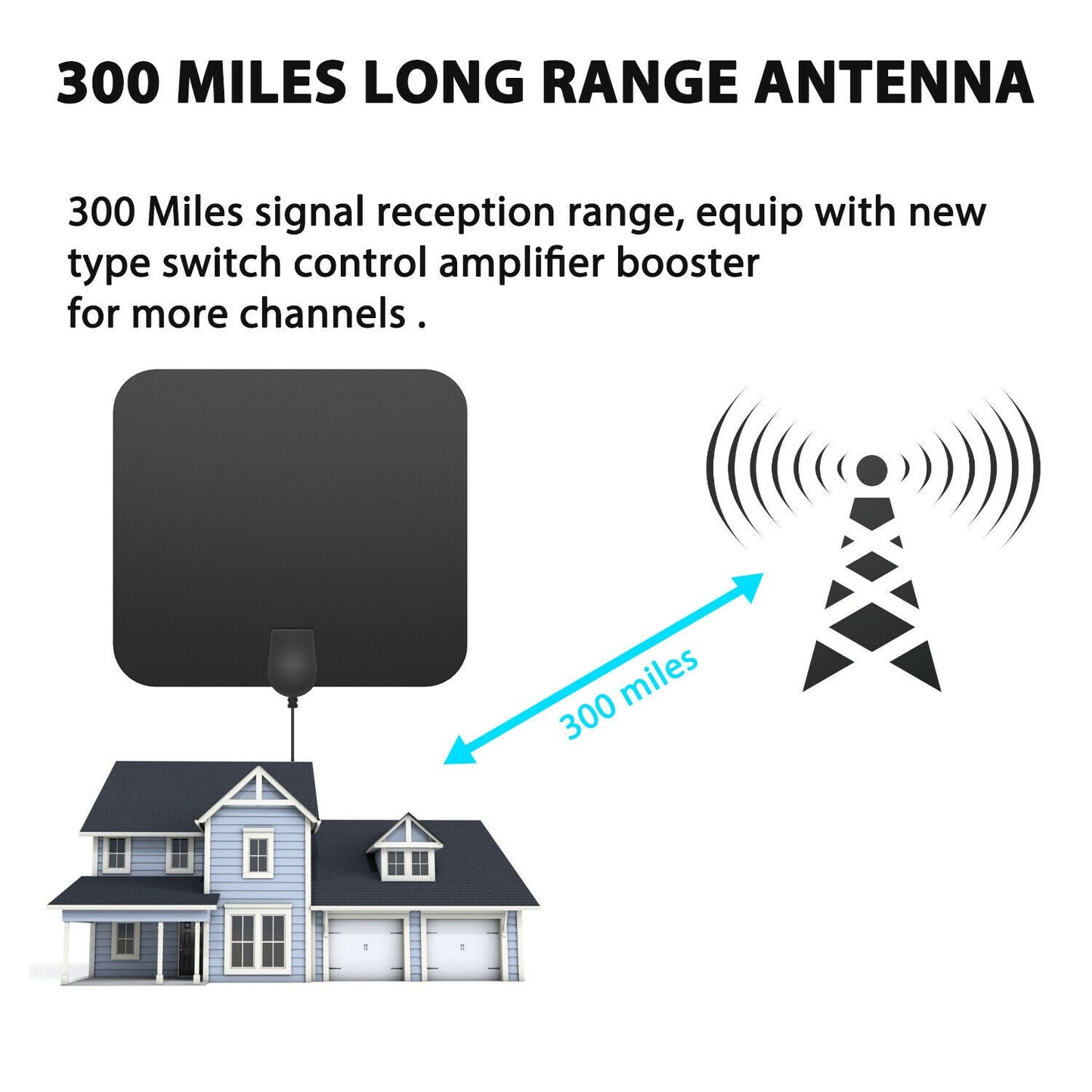 Indoor HDTV Antenna 300 Mile Range Digital Amplified With Signal Booster