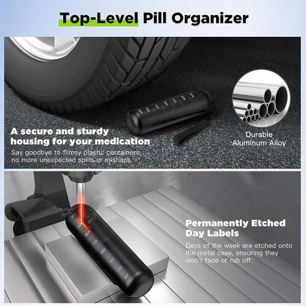 Pill Organizer 7-Day Aluminum Portable Travel Pill Box Container