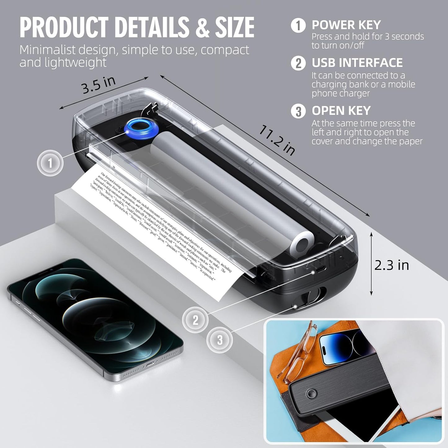 Thermal Printer Wireless Portable Inkless Compact Bluetooth Mobile Receipt Label Device