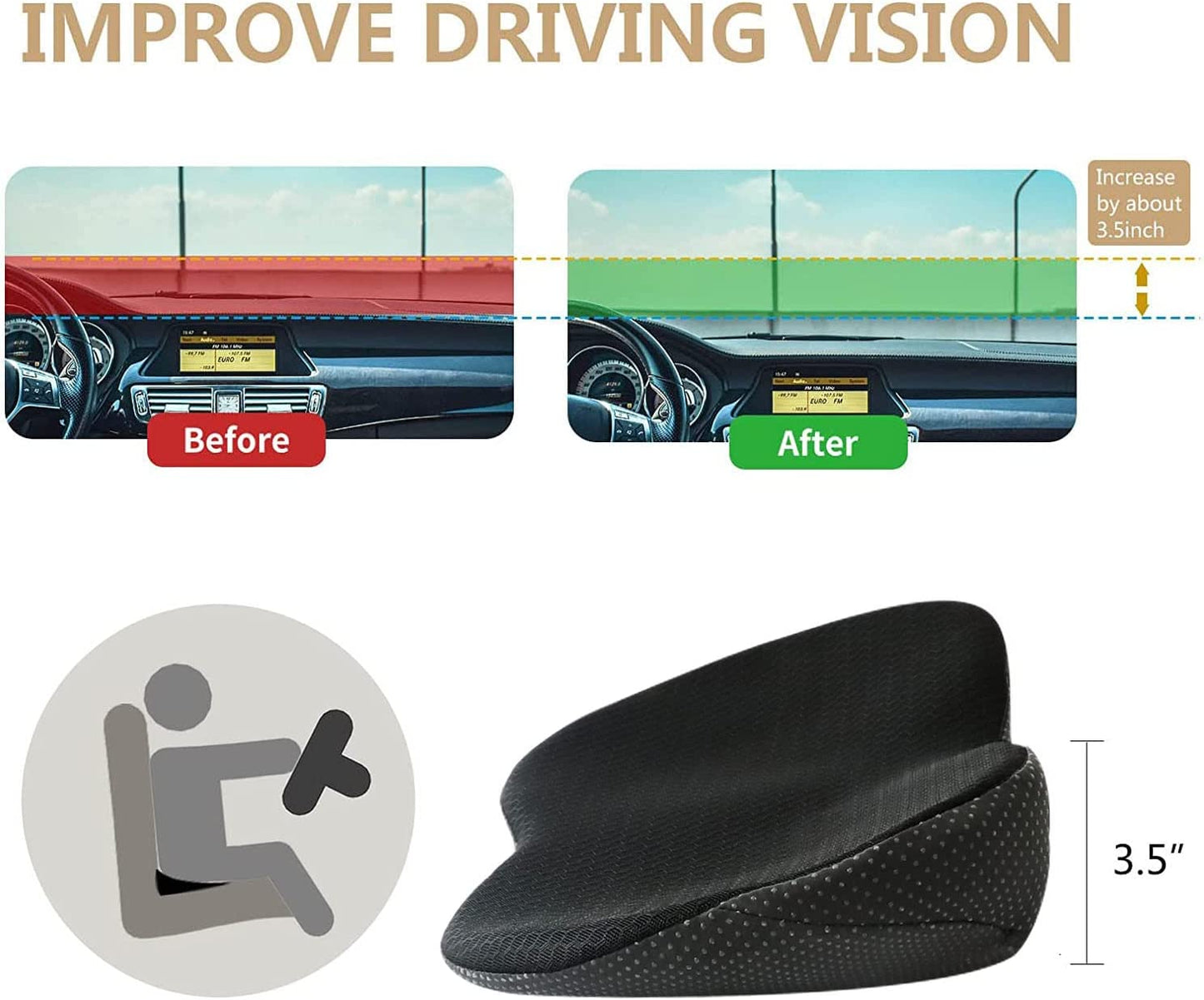 Car Seat Cushion For Shorter Drivers With Adjustable Height And Lumbar Support