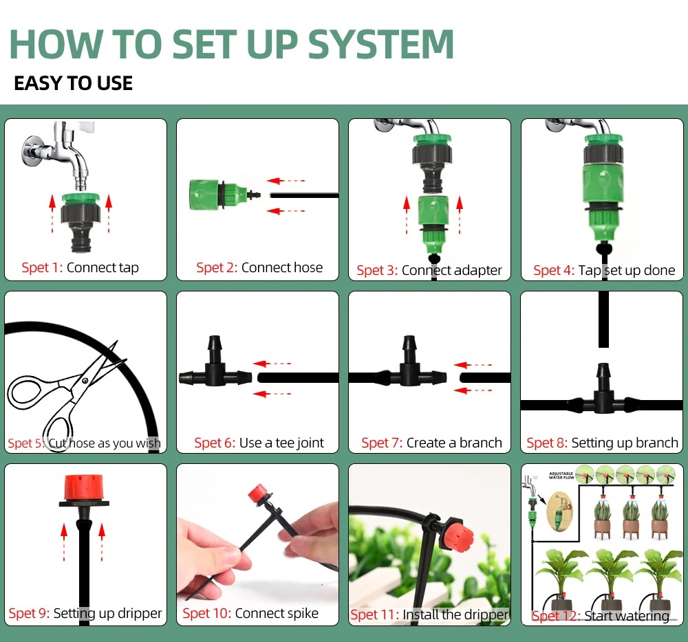 Drip Irrigation System With Automatic Timer For Garden Beds And Pots