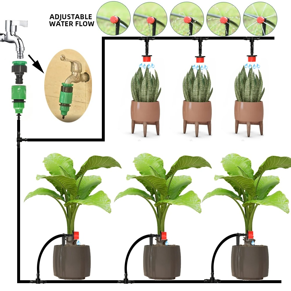 Drip Irrigation System With Automatic Timer For Garden Beds And Pots