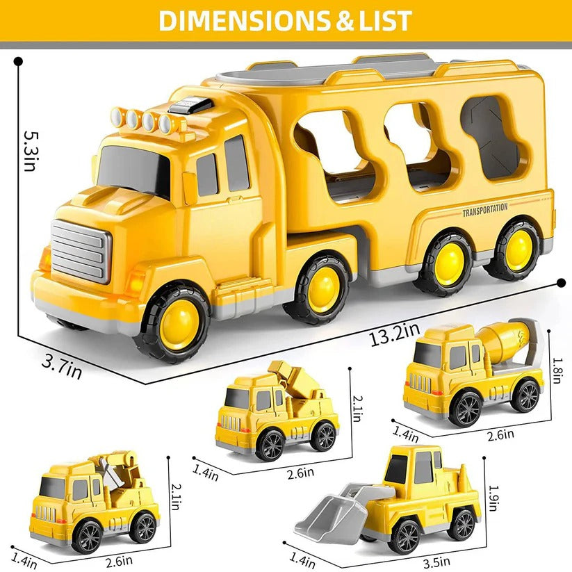 Construction Truck Toy Set With Carrier And Ramp, 5 Pieces