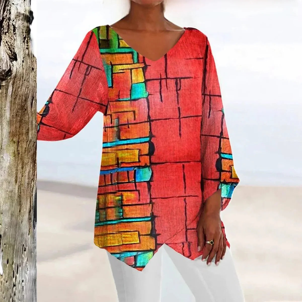 V-Neck Top For Women, Vintage Style With Elegant Tailored Fit