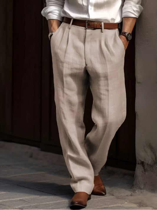 Pleated Linen Pants For Men Classic Tailored Summer Casual Trousers