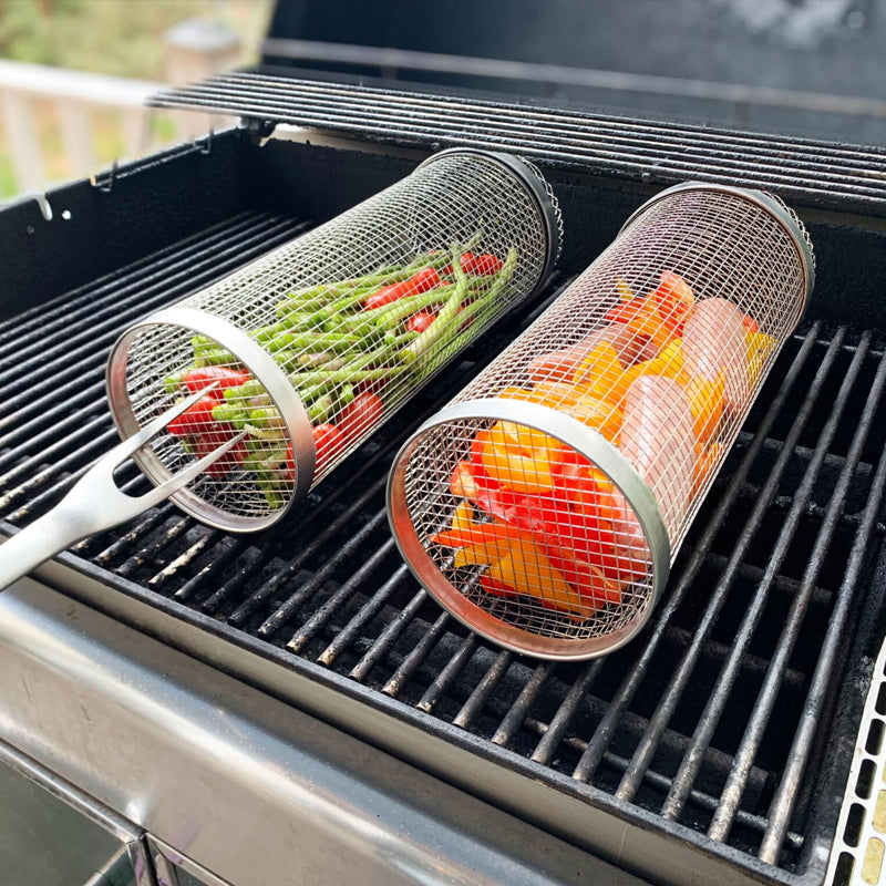 Grill Basket Stainless Steel Rolling BBQ Rotating For Vegetables Fish