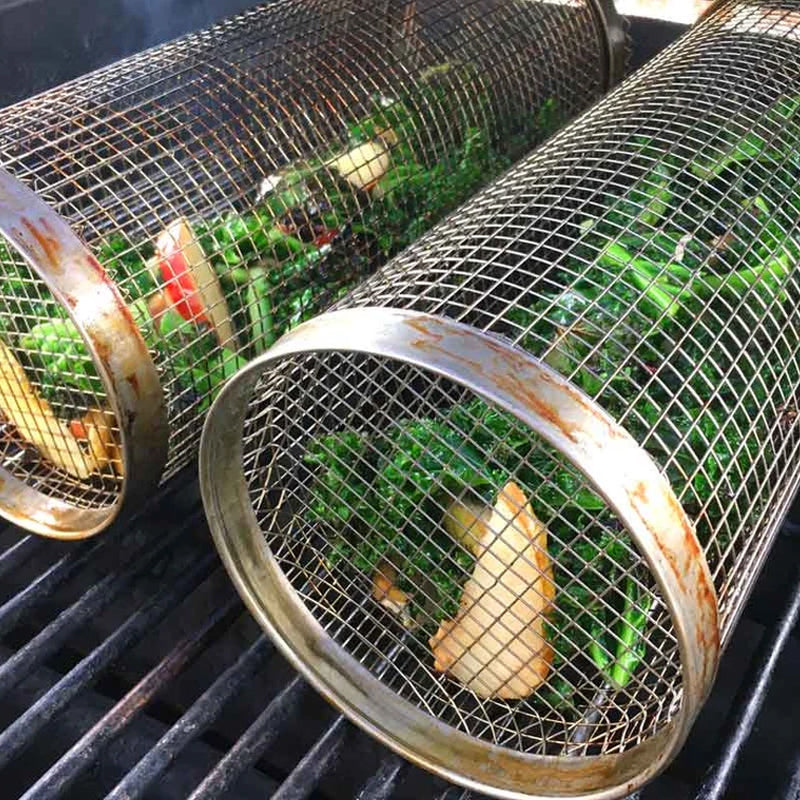 Grill Basket Stainless Steel Rolling BBQ Rotating For Vegetables Fish