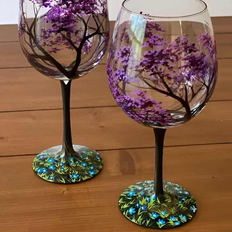 Wine Glasses Set Four Seasons Tree Hand Painted Art Glassware