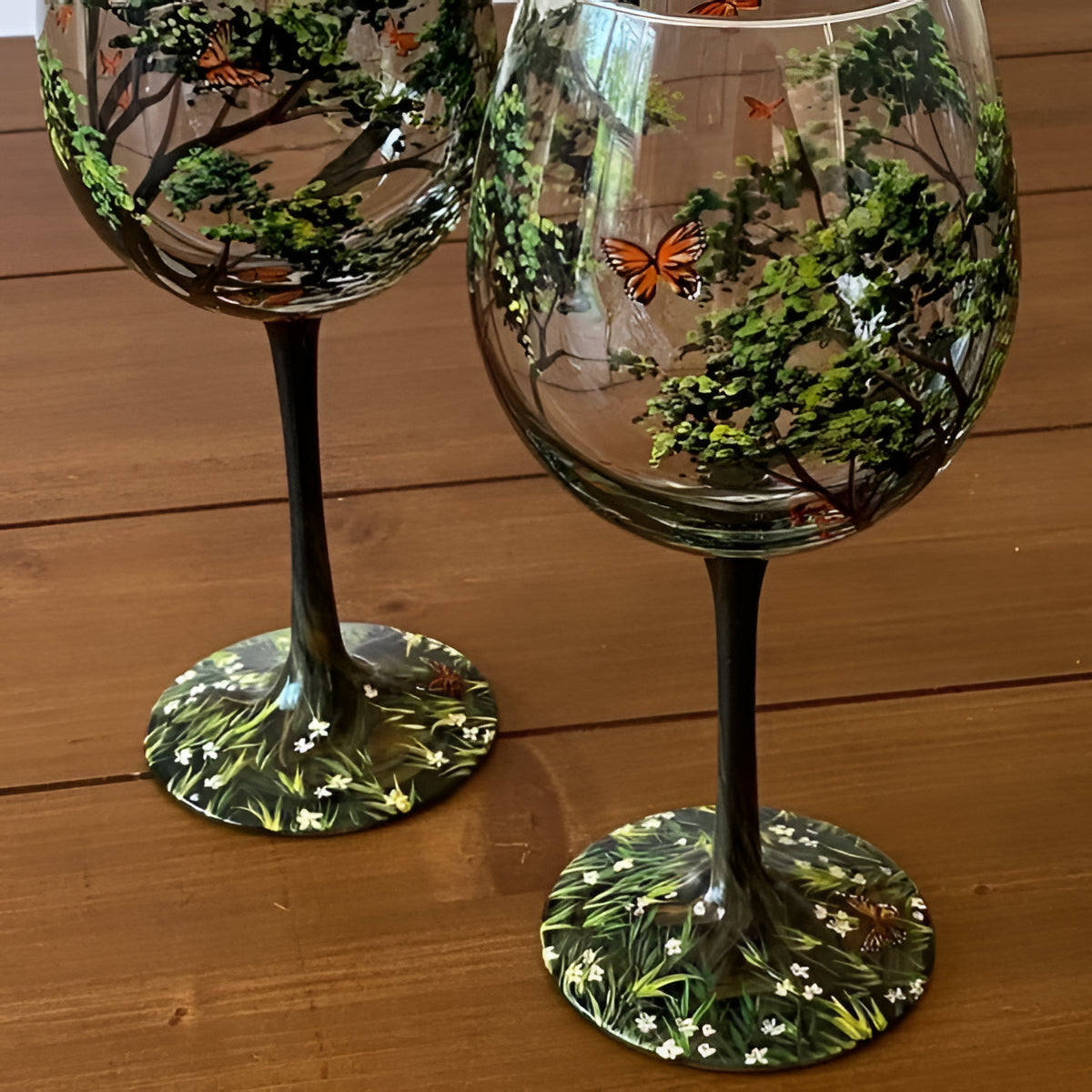 Wine Glasses Set Four Seasons Tree Hand Painted Art Glassware