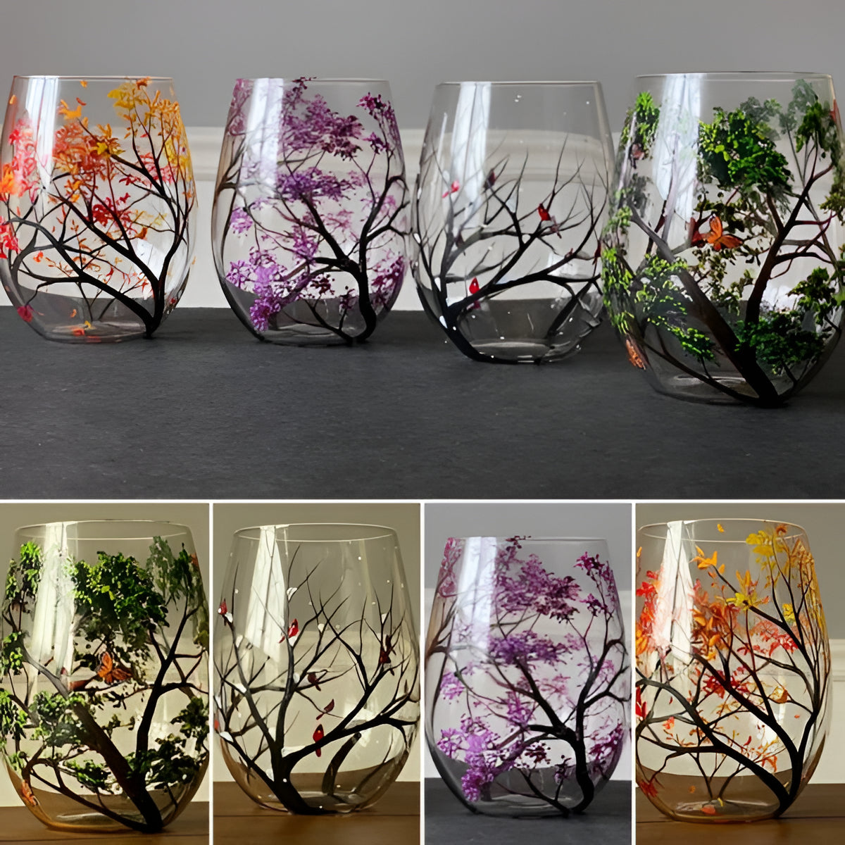 Wine Glasses Set Four Seasons Tree Hand Painted Art Glassware