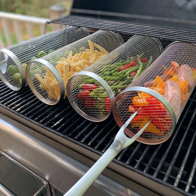 Grill Basket Stainless Steel Rolling BBQ Rotating For Vegetables Fish