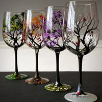 Wine Glasses Set Four Seasons Tree Hand Painted Art Glassware
