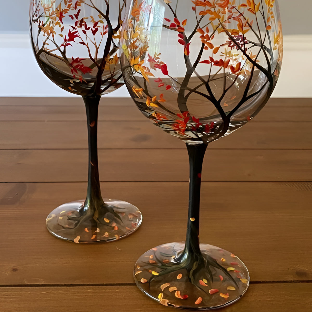 Wine Glasses Set Four Seasons Tree Hand Painted Art Glassware