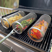Grill Basket Stainless Steel Rolling BBQ Rotating For Vegetables Fish