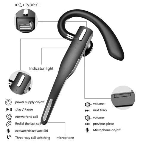 Bluetooth Headset Earpiece Dual-Mic Noise-Cancelling For Truckers 5.1